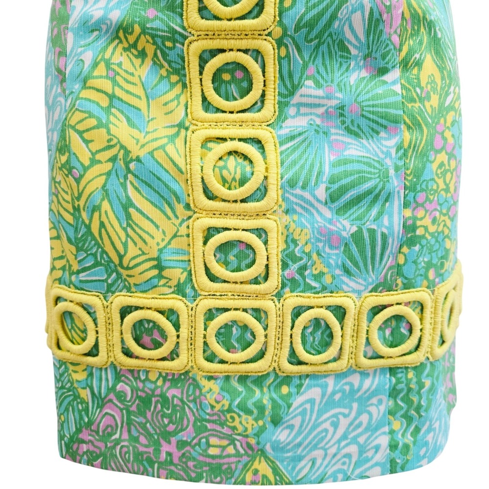 Lilly Pulitzer Green Yellow Tropical Geometric Trim Cotton Shift Dress Size 4 - Picture 4 of 9